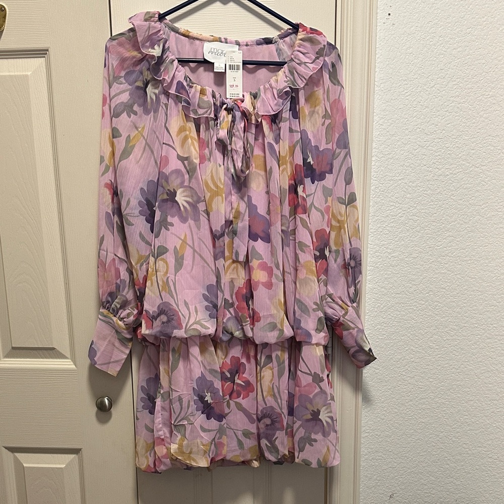Floral Ruffle Tie-Neck Mini Dress - Pink Multi